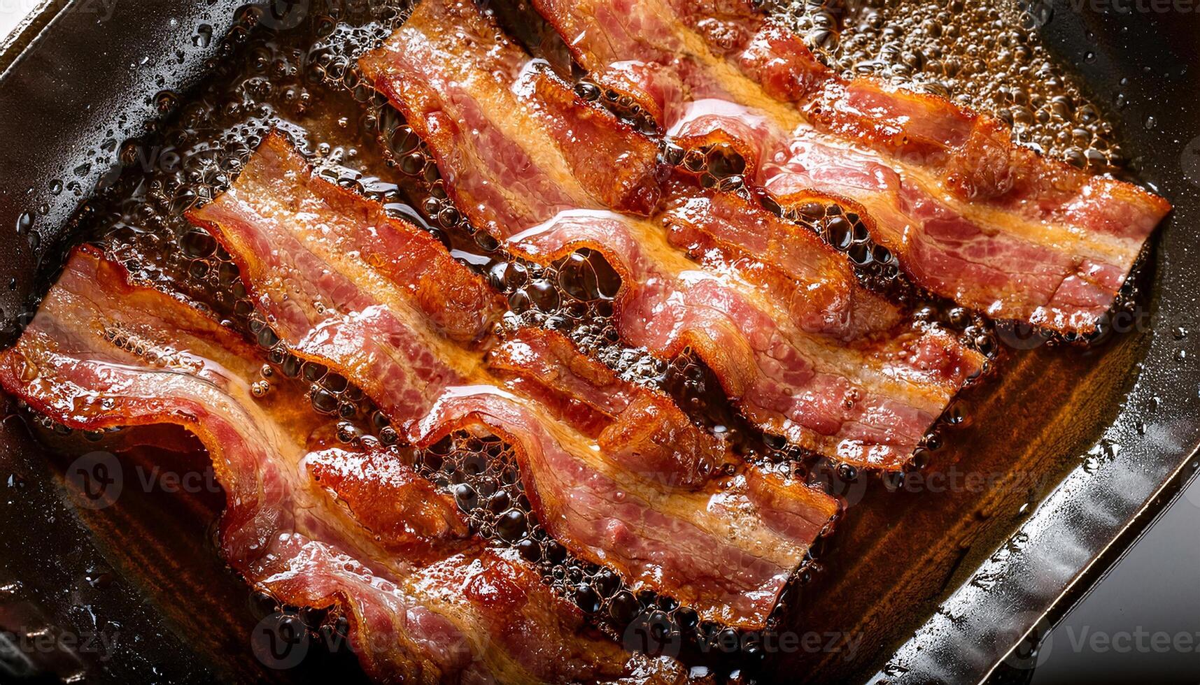crispy bacon slices frying in hot oil with bubbling texture and curling edges for a savory presentation photo