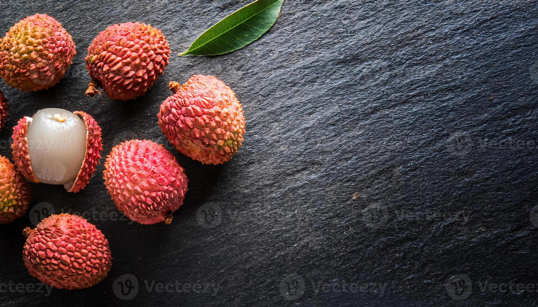 top-down view of fresh lychee fruits with vibrant pink textured skin and a peeled lychee exposing white juicy flesh, arranged on a dark slate background with a single green leaf for contrast photo