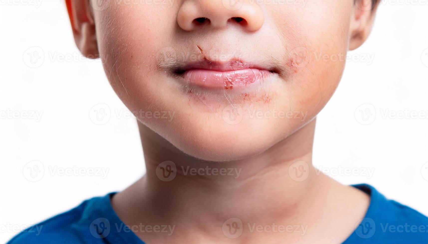 macro image of a scar on the chin from a childhood playground fall, showing healing scabs and detail in isolated white background photo