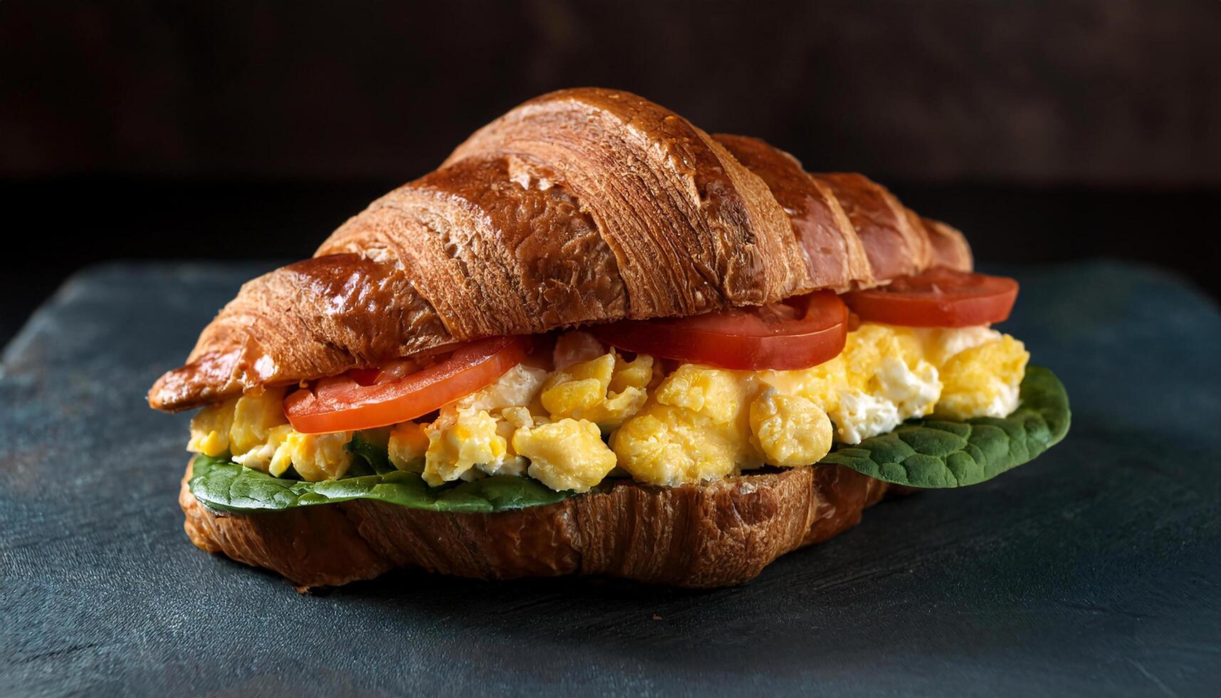 croissant sandwich filled with scrambled eggs, fresh spinach, and sliced tomato on a dark slate background photo