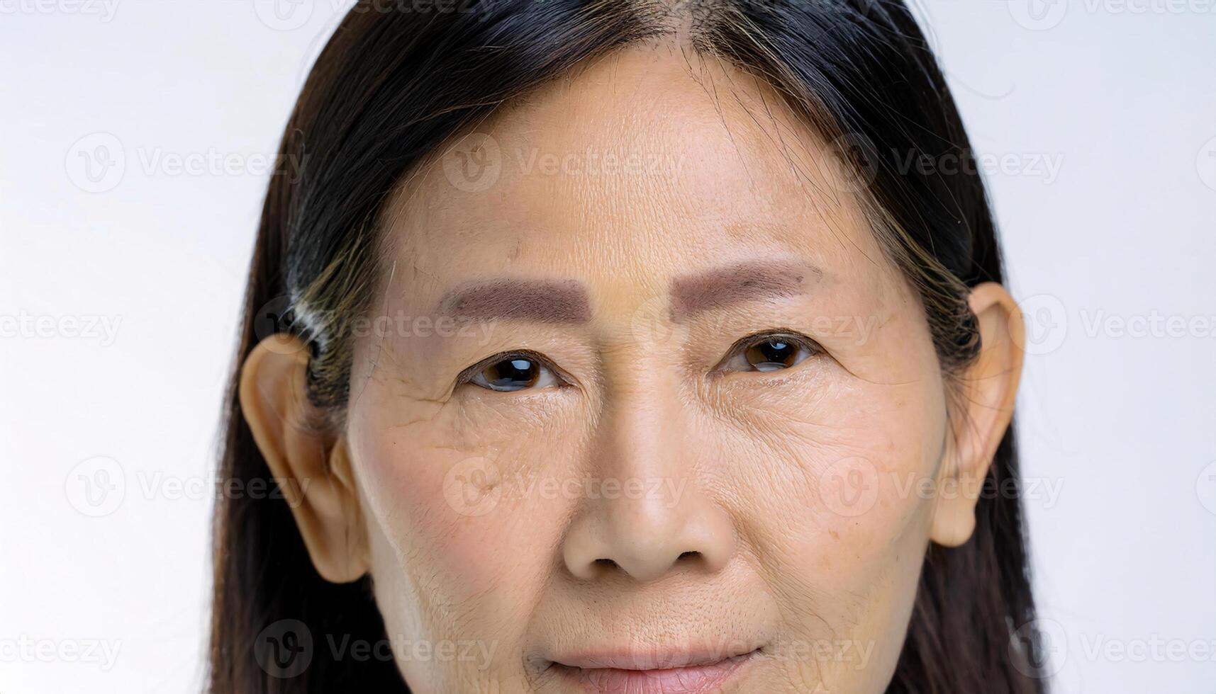close-up of wrinkles on the forehead with uneven skin tone, visible fine lines, and aging signs in isolated white background photo