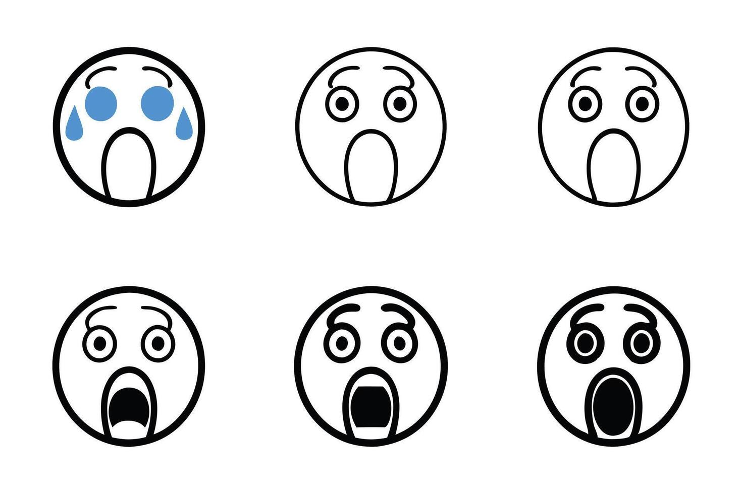 Horror and fright emoticon illustrations depicting open mouth screams with teardrops and bold expressions, line art icon set vector