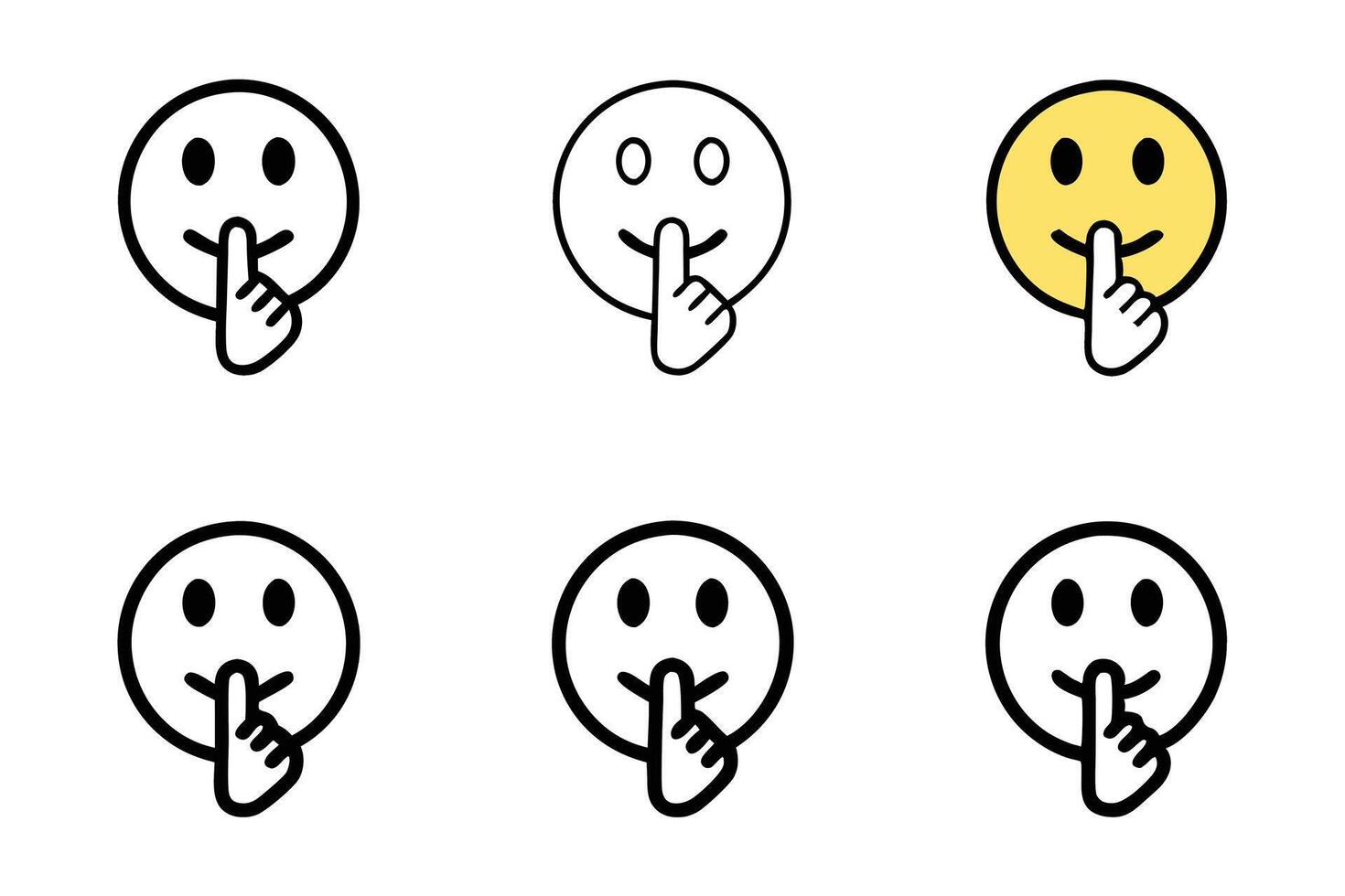 Shush gesture emoji icon set in line art style showing silent expressions with hands, smileys, and modern minimalistic graphics vector