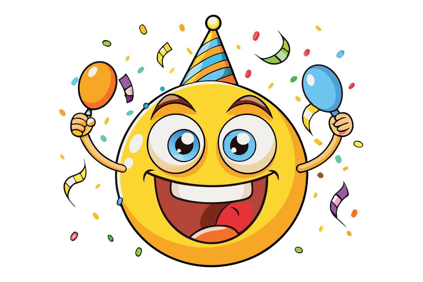 Cartoon emoji with party hat and confetti, showing a cheerful expression, perfect for birthday, celebration, or festive themes vector