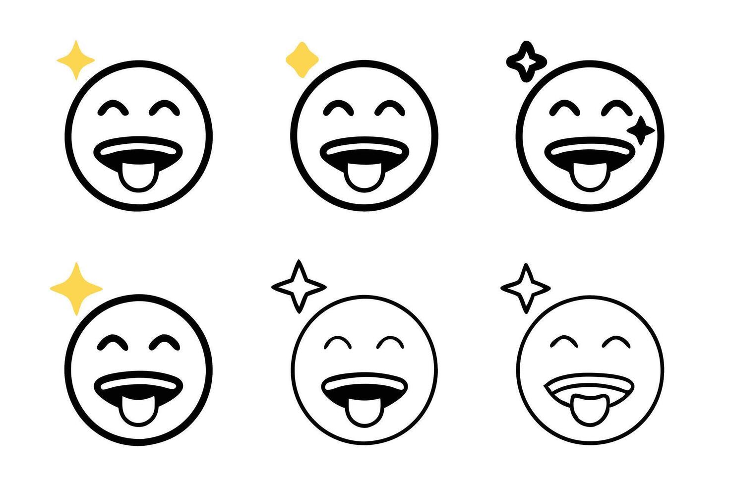 Unique collection of eating themed emojis with joyful facial expressions, heart accents, and simple line art for versatile visual applications vector