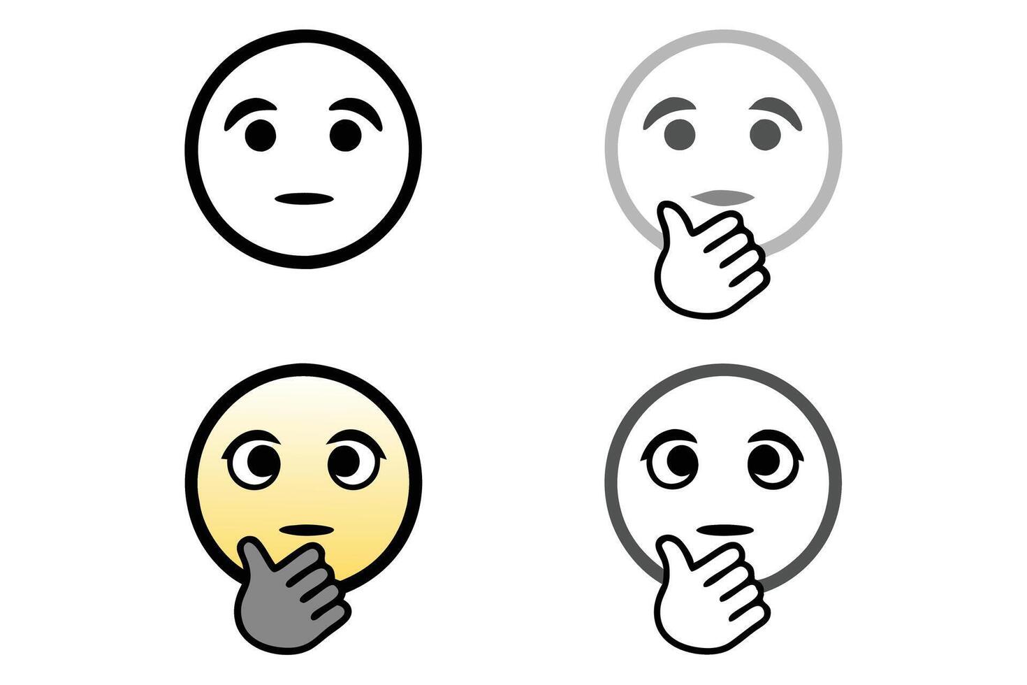 Minimalist thinking emoji illustrations featuring hand on chin gesture, ideal for communication themes, line art icon set vector