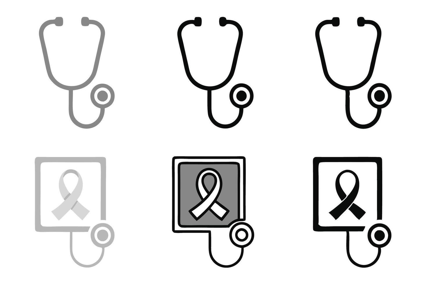 Cancer awareness icons featuring stethoscopes and ribbons in minimalistic line art for healthcare visuals, world cancer day line art icon set vector