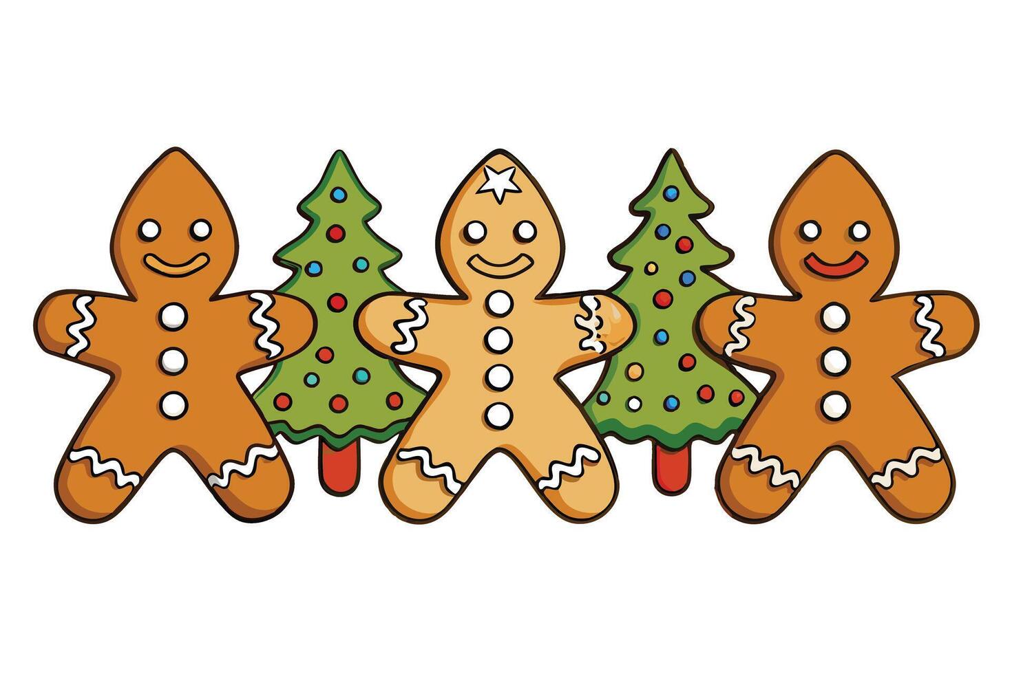 Gingerbread men and Christmas tree cookies aligned in a charming display, perfect for seasonal and holiday themes vector