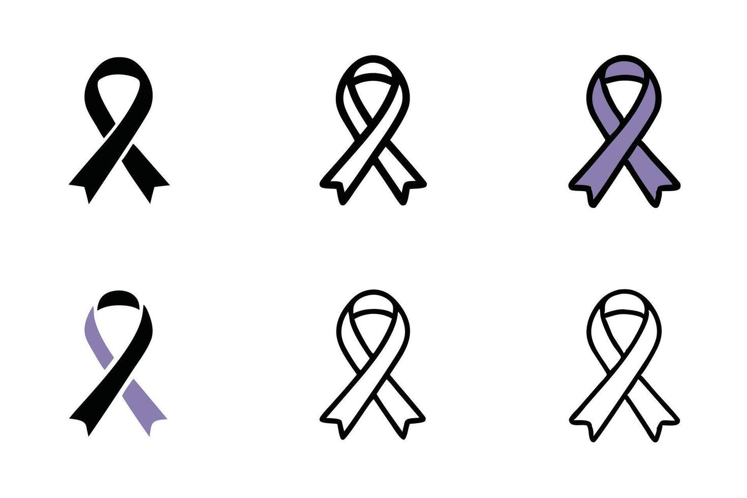 Set of awareness ribbon icons with purple, yellow, and black designs, perfect for representing causes like cancer support World cancer day line art icon set vector