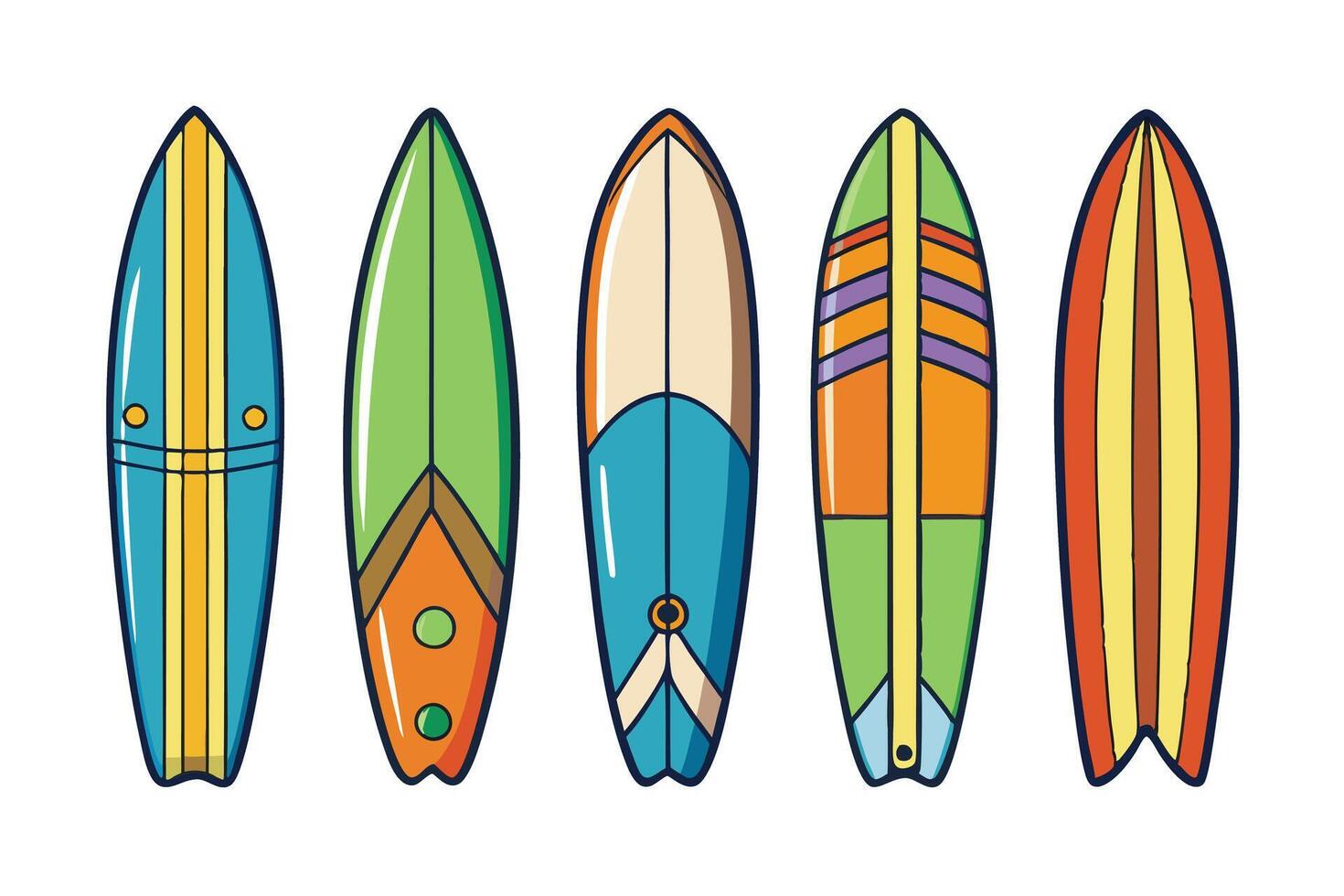 Vibrant surfboards with artistic patterns, featuring a mix of tropical and summer vibes for decor, design, or educational purposes vector