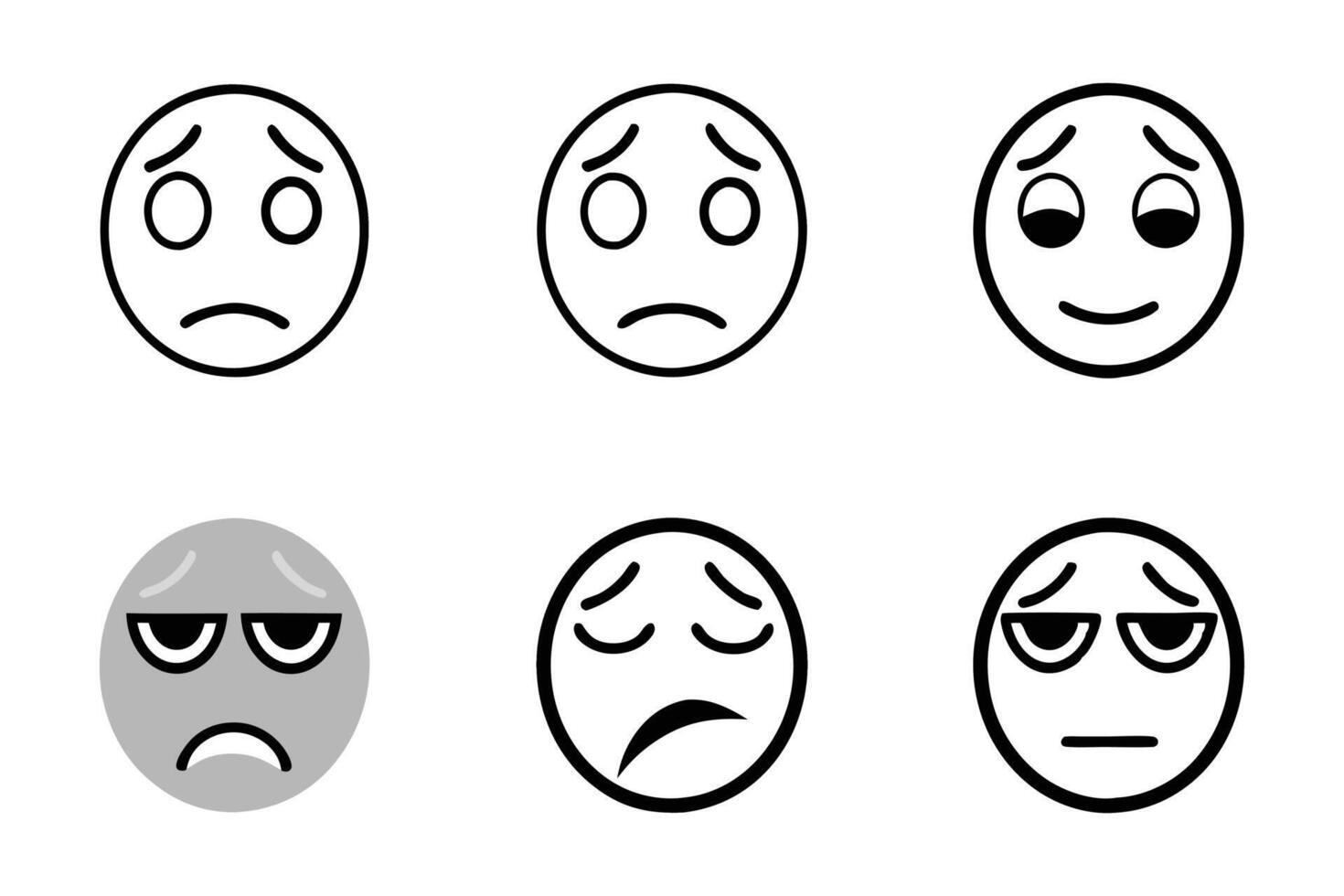 Variety of weary emoji faces symbolizing fatigue and sadness, rendered with precision in a detailed line art icon set vector