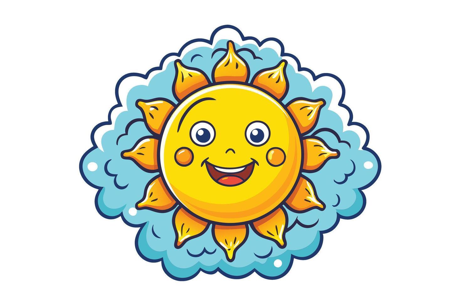 Bright and cheerful cartoon sun with a smiling face surrounded by fluffy blue clouds, ideal for fun and playful design themes vector