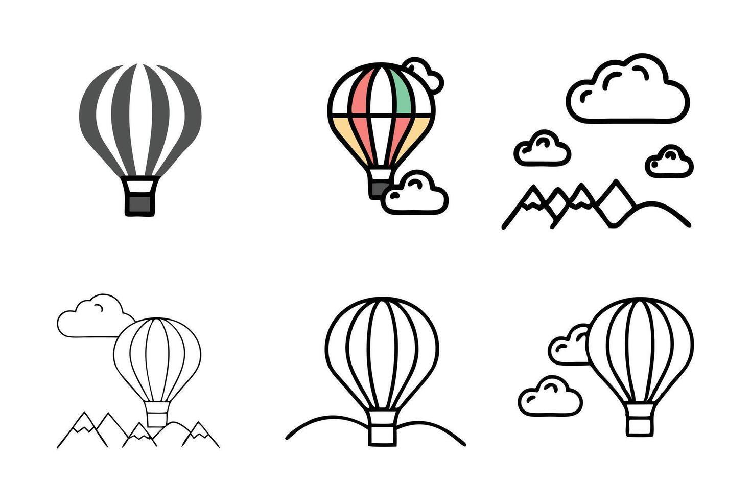 Set of hot air balloon icons in line art style with vibrant patterns and natural backgrounds including trees, clouds, and mountains vector