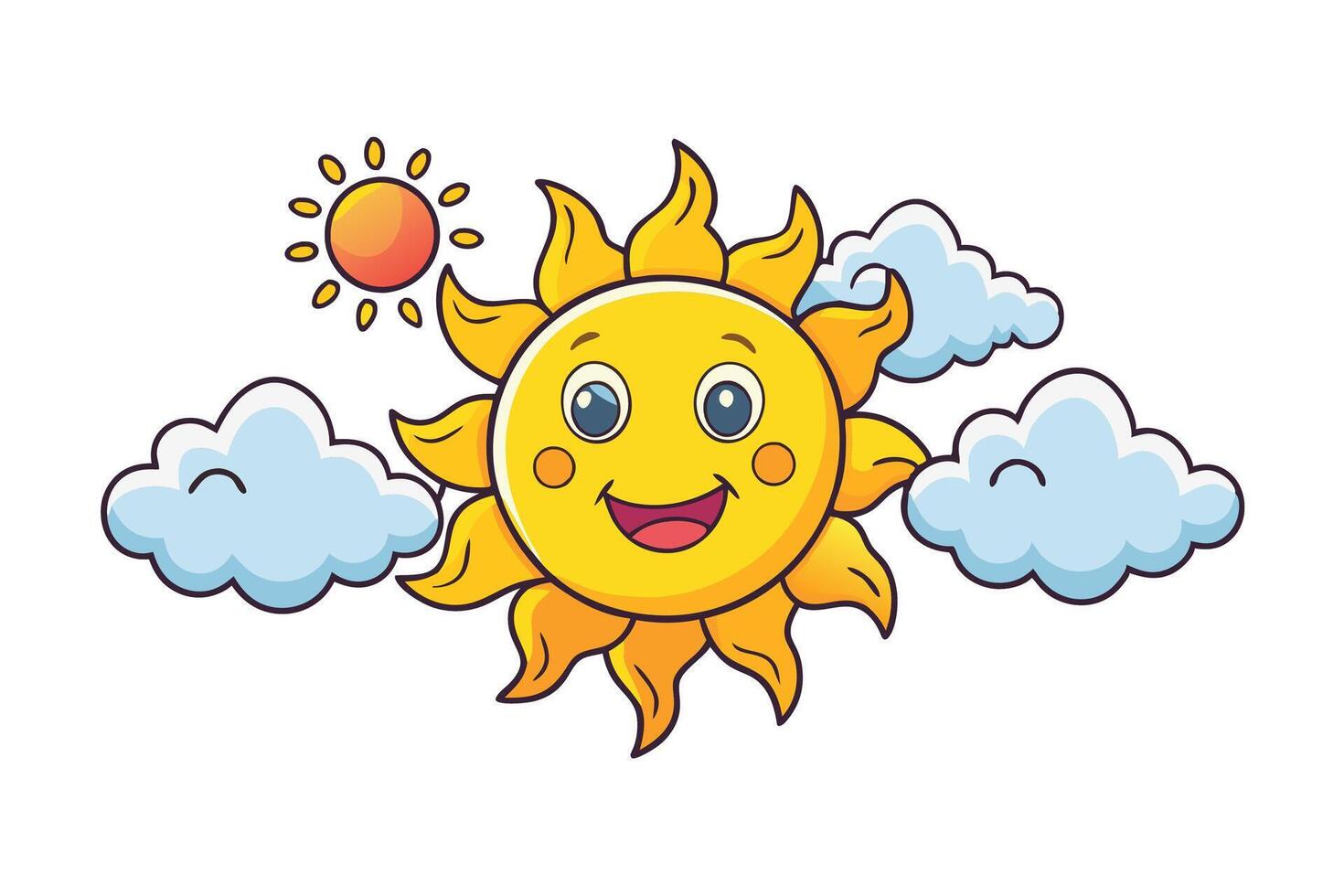 Whimsical cartoon sun surrounded by fluffy blue clouds, featuring a vibrant smile and charming design for playful art projects vector