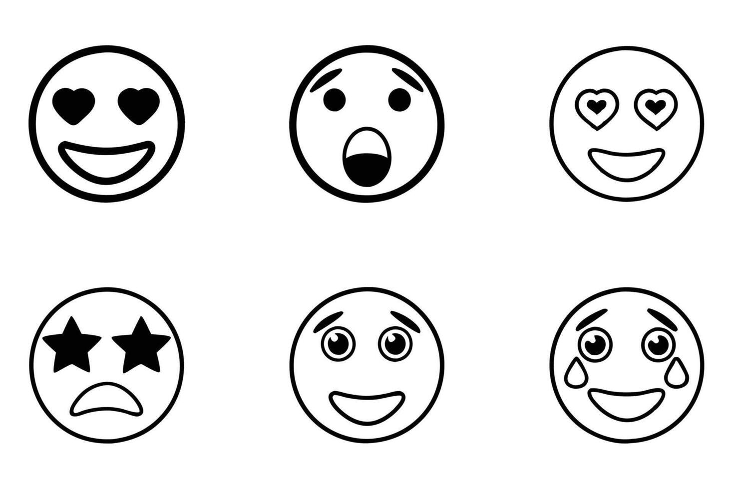 Diverse set of emoji face designs capturing emotions in simple line art icon style, ideal for user interfaces and graphic assets vector