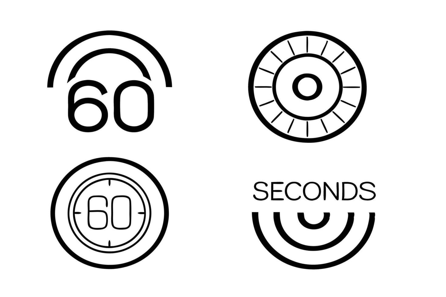 Creative collection of 60 second countdown timer illustrations in bold yellow and monochrome styles, ideal for productivity and app designs vector