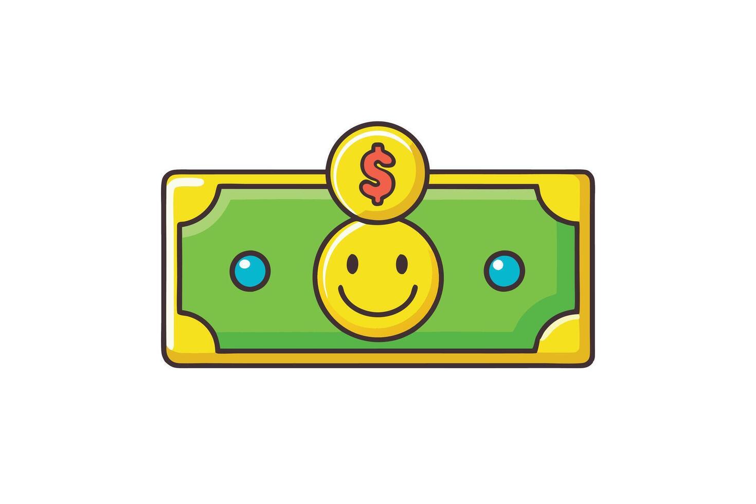Cartoon dollar bill with a happy smiling face and golden coin, representing wealth, finance, and money related concepts, isolated on white vector
