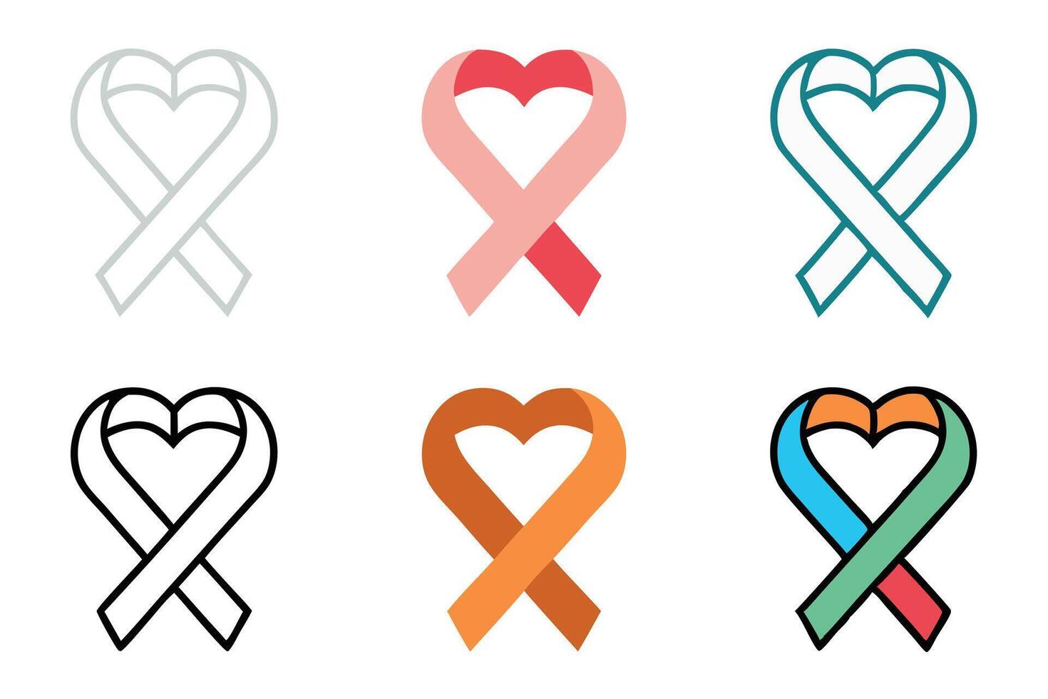 Creative cancer awareness icons with heart shaped ribbons, ideal for promoting hope and unity in healthcare, world cancer day line art icon set vector