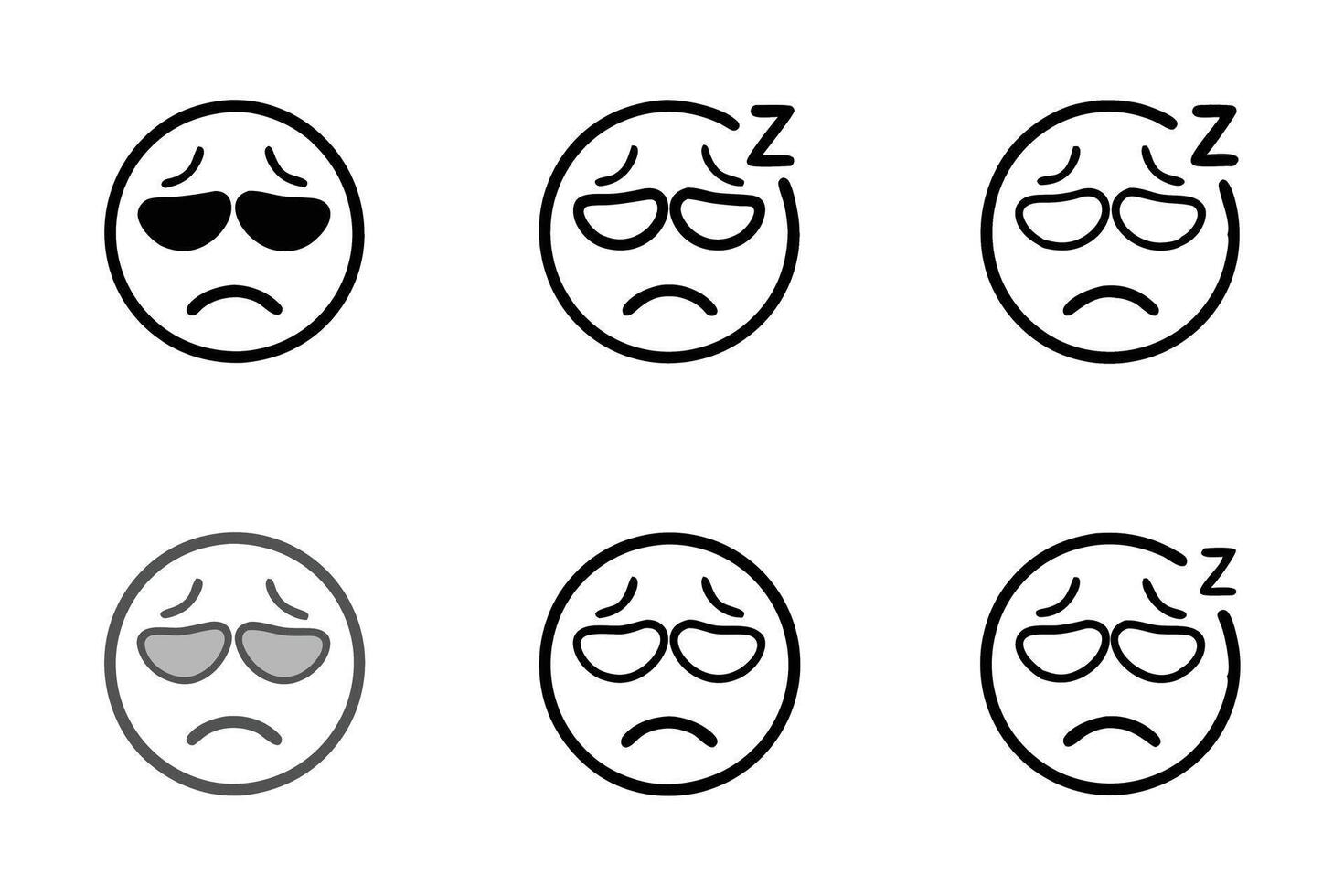 Sad and tired emoji faces featuring droopy eyes and melancholic expressions illustrated as part of a line art icon set vector