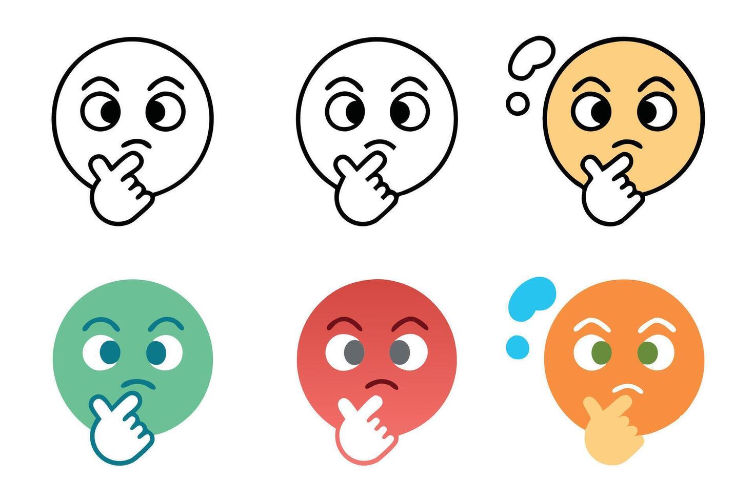 Collection of pondering emoji faces with distinct line art style, representing curiosity and questioning, line art icon set vector