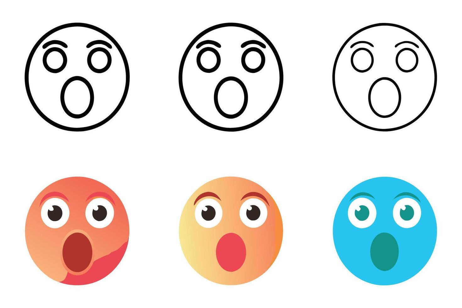 shocked emoji icon set featuring wide eyes and open mouth illustration in minimalistic line art style vector