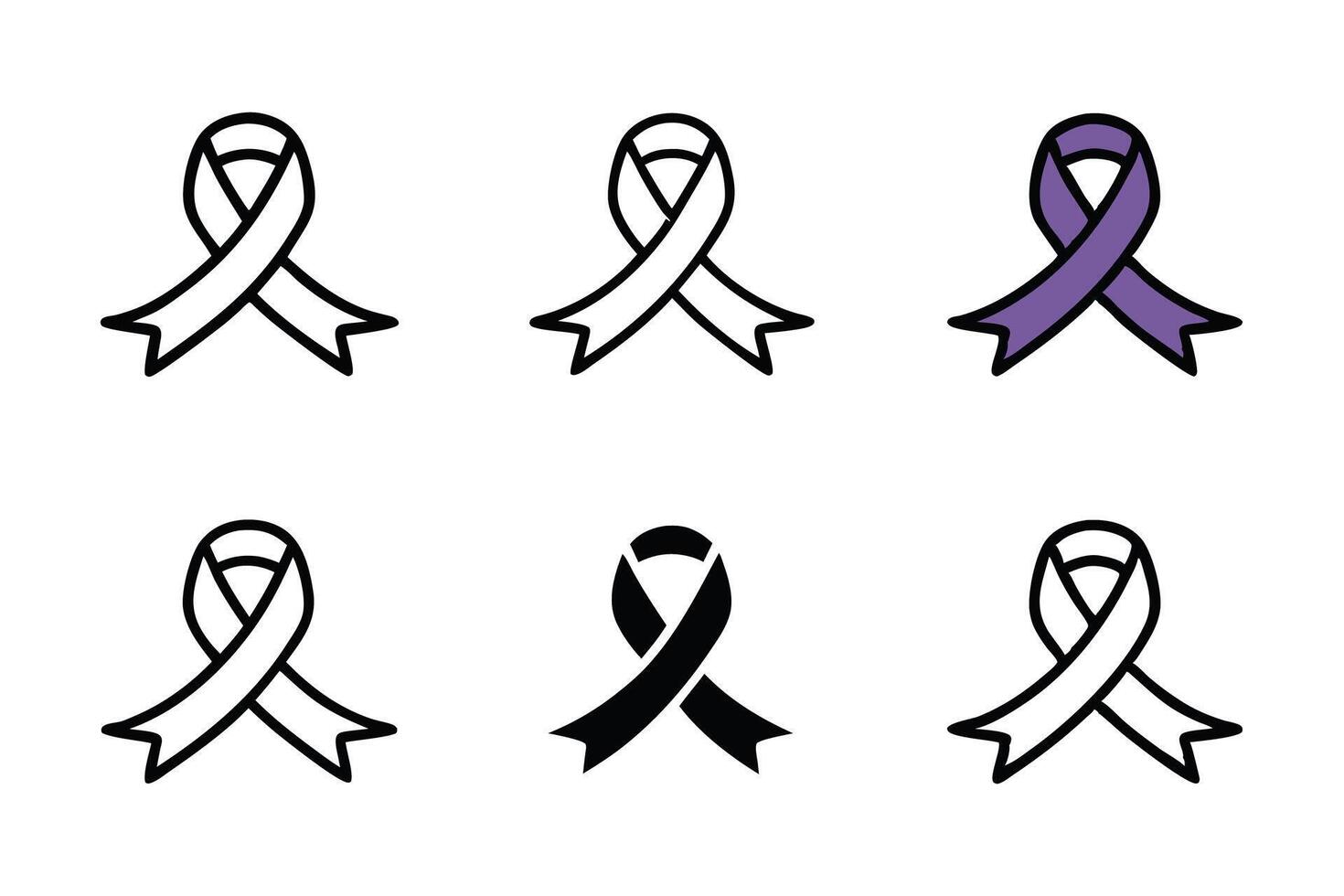 Minimalist ribbon icons featuring purple and yellow designs, ideal for health, solidarity, and support campaigns World cancer day line art icon set vector
