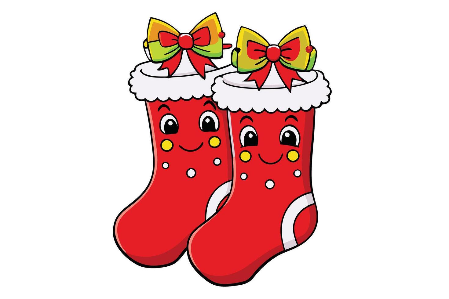 Playful and colorful red Christmas stockings featuring decorative bows and cheerful holiday elements vector