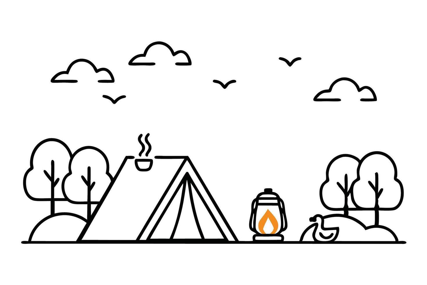 Creative line art icon set of camping scenes with tents, campfire, and natural landscapes under a moonlit sky for outdoor illustrations vector