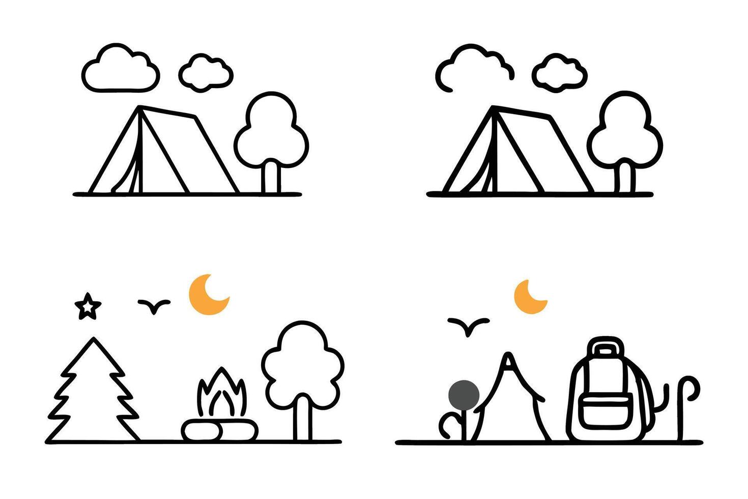 Outdoor camping icon set in line art featuring tents, lanterns, campfire, trees, and scenic skies with moon and clouds for nature enthusiasts vector