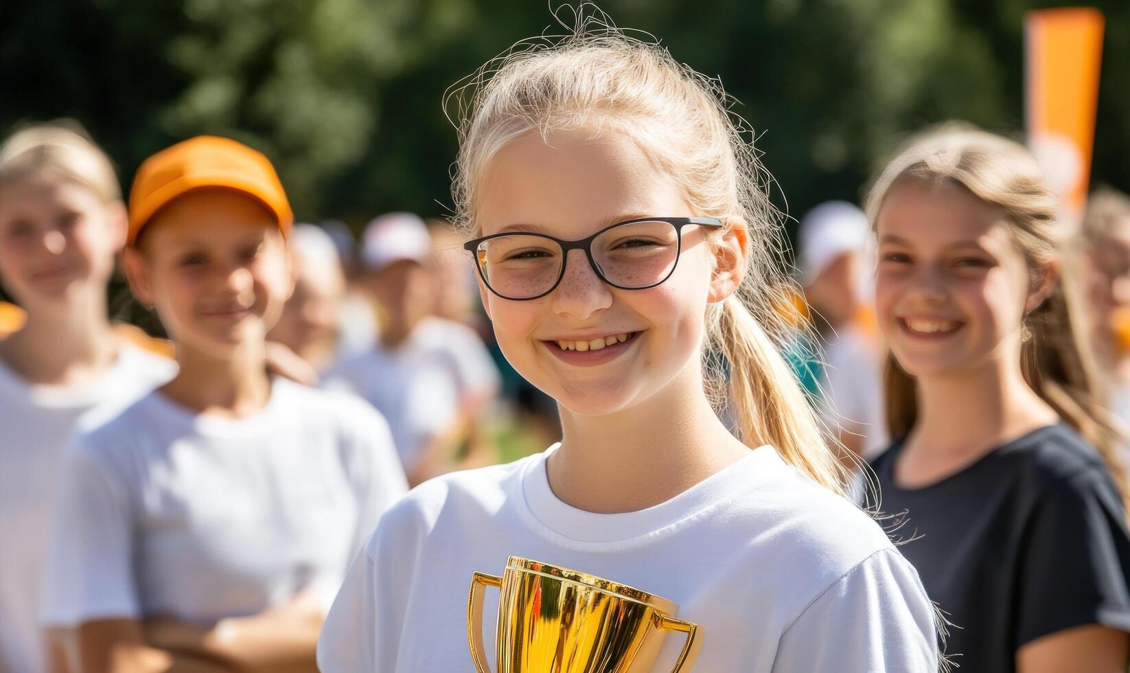 A young girl in glasses smiles while holding a trophy, surrounded by her teammates. photo