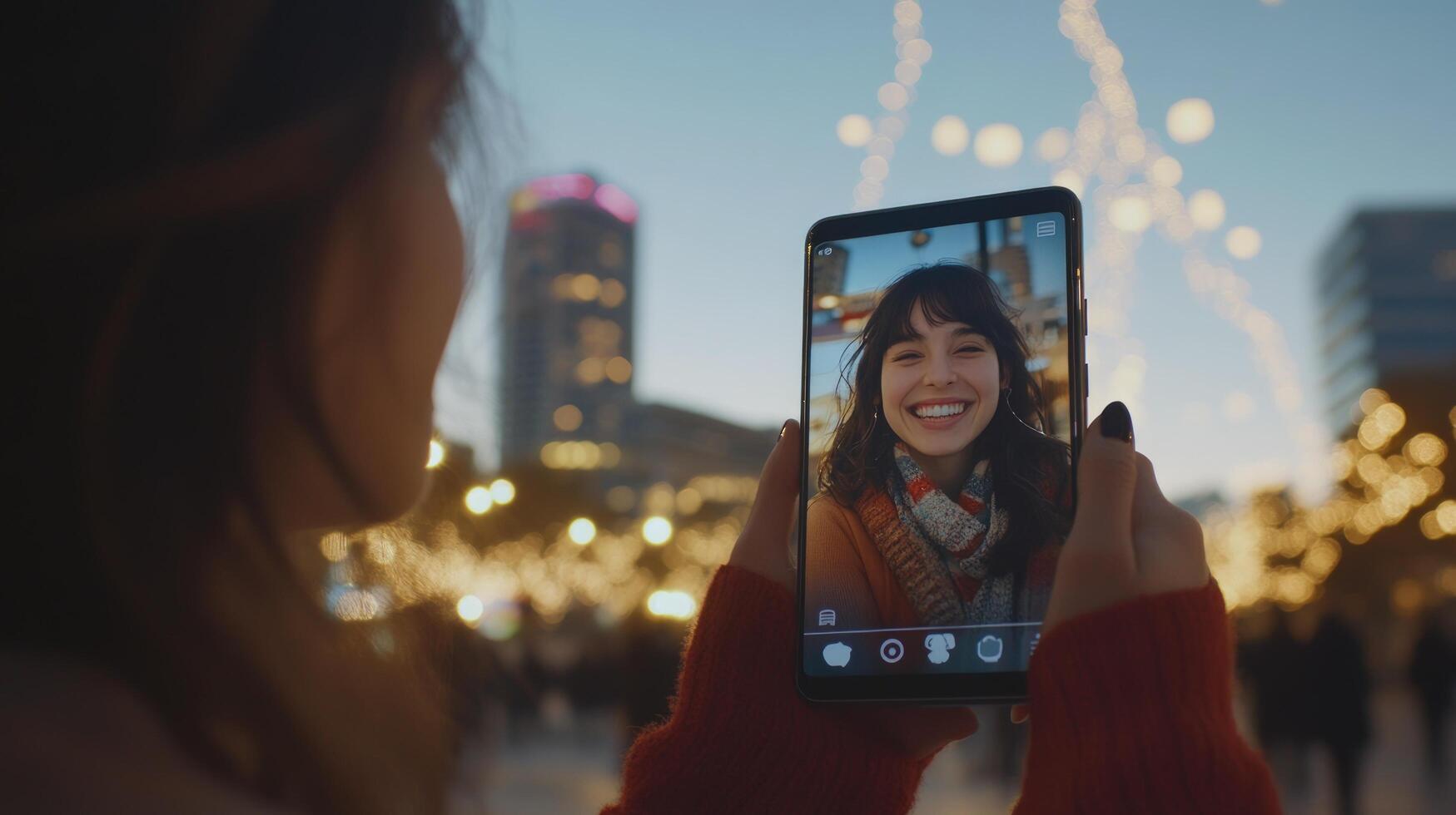 A young woman is making a call on her phone in a city square at night, with lights and blurred people in the background. photo
