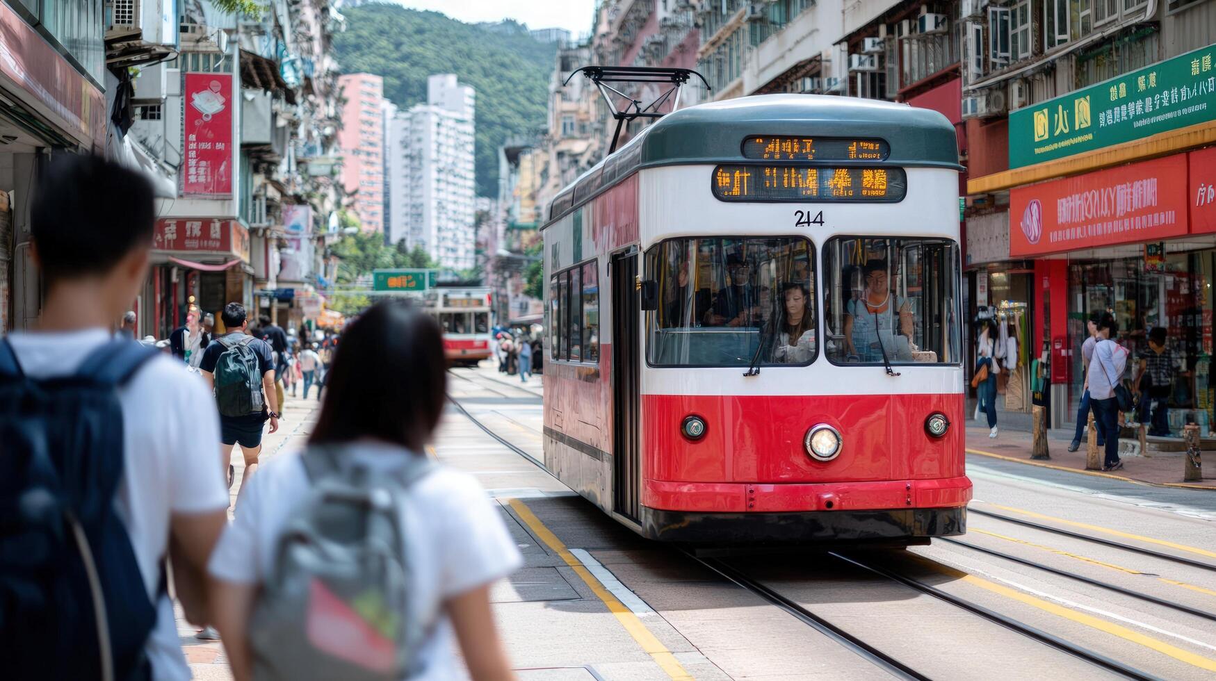 A red and white tram travels down a busy street in Hong Kong. People walk on the sidewalk. photo