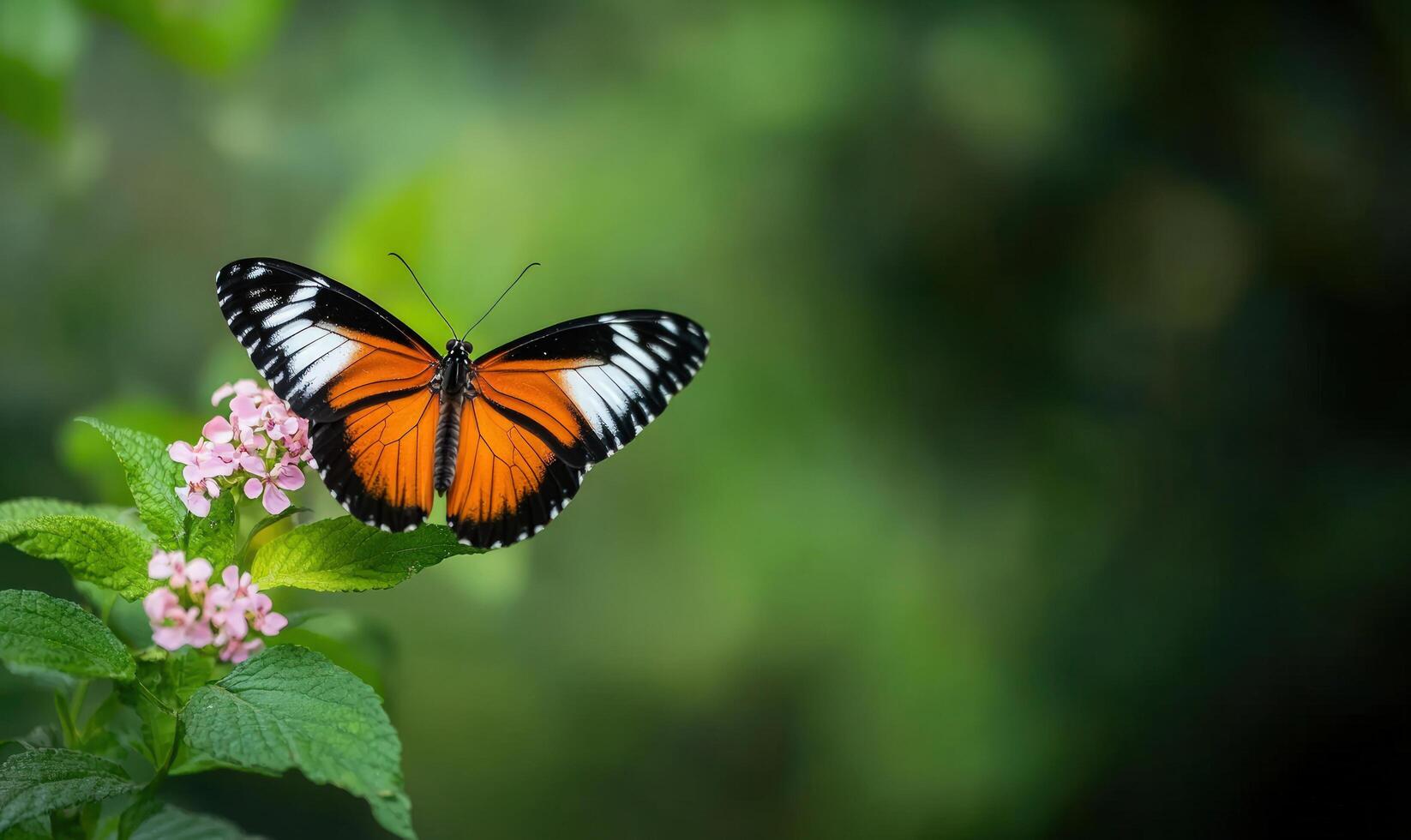 A beautiful orange and black butterfly with white markings perched on a pink flower. photo