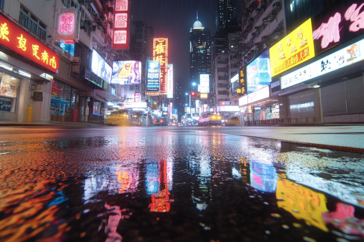 Wet asphalt street in a city with neon lights reflecting in puddles. photo