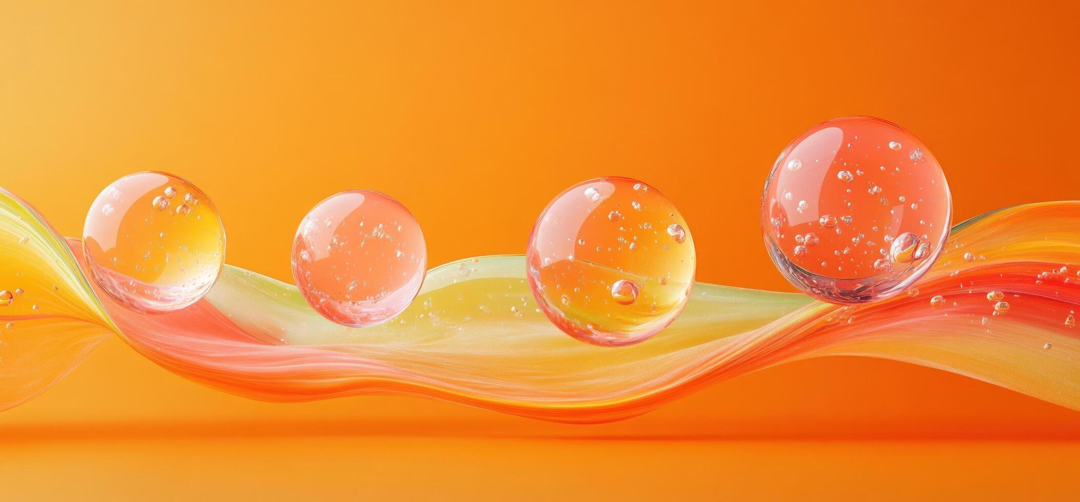 Abstract background with glass spheres and flowing lines on orange background. photo