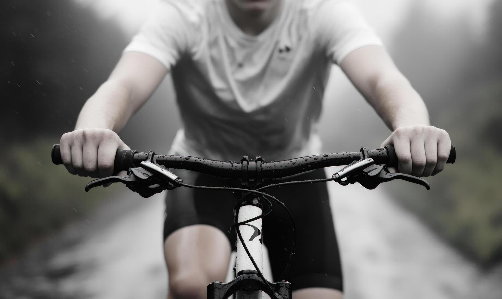 A cyclist rides a bicycle on a wet road in a forest. photo