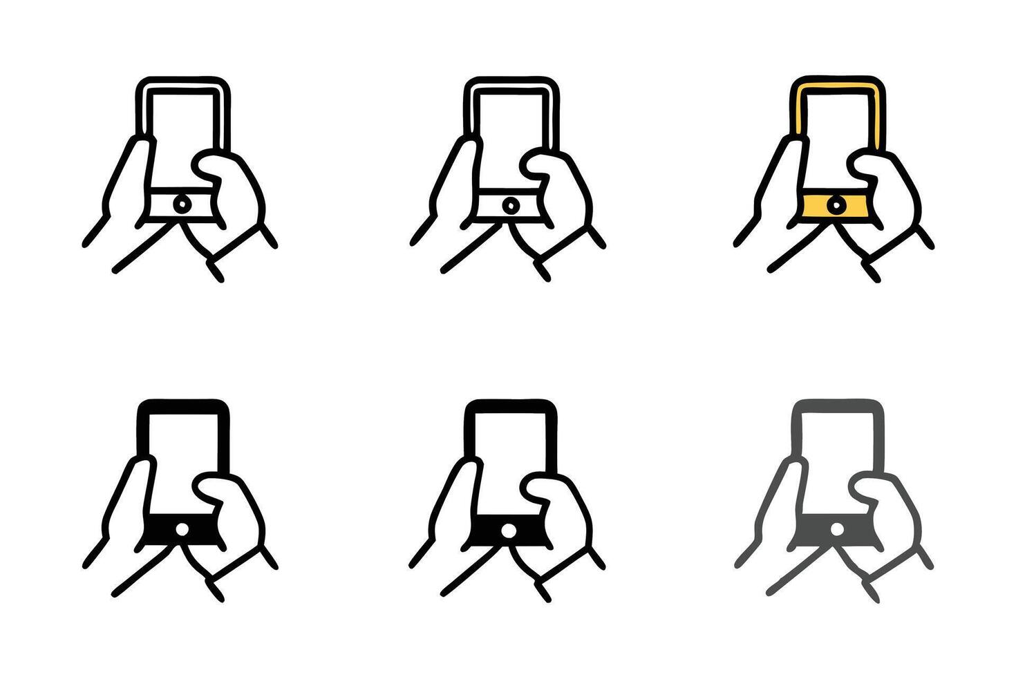 Minimalistic icon set depicting hands holding smartphones with diverse styles and variations, perfect for digital and tech concepts, line art icon set vector