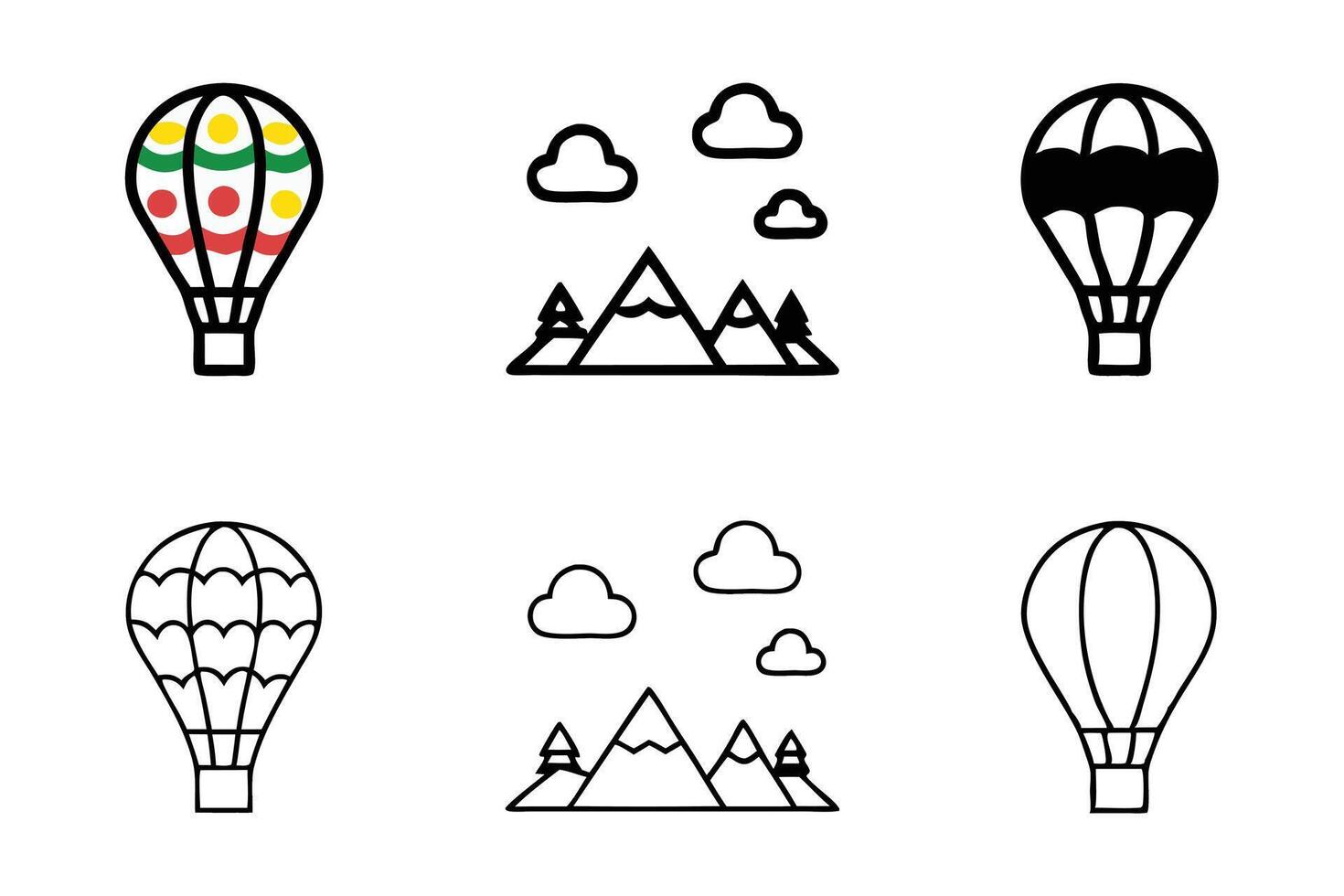 Hot air balloon line art icon set featuring colorful and minimalist designs with mountains, clouds, and trees for adventure and travel themes vector