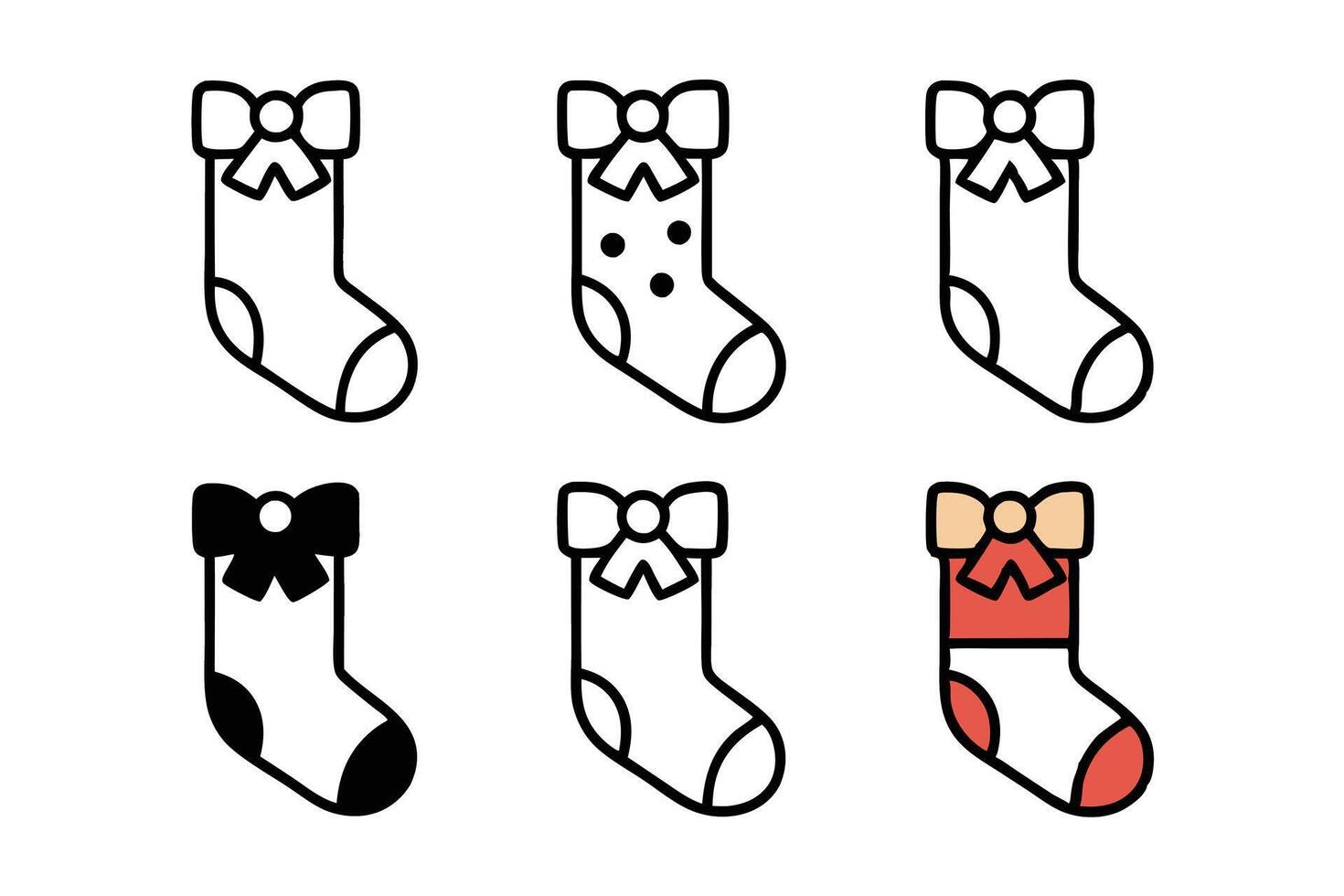 Collection of festive red Christmas stockings adorned with bows and elegant designs for the holiday season line art icon set vector