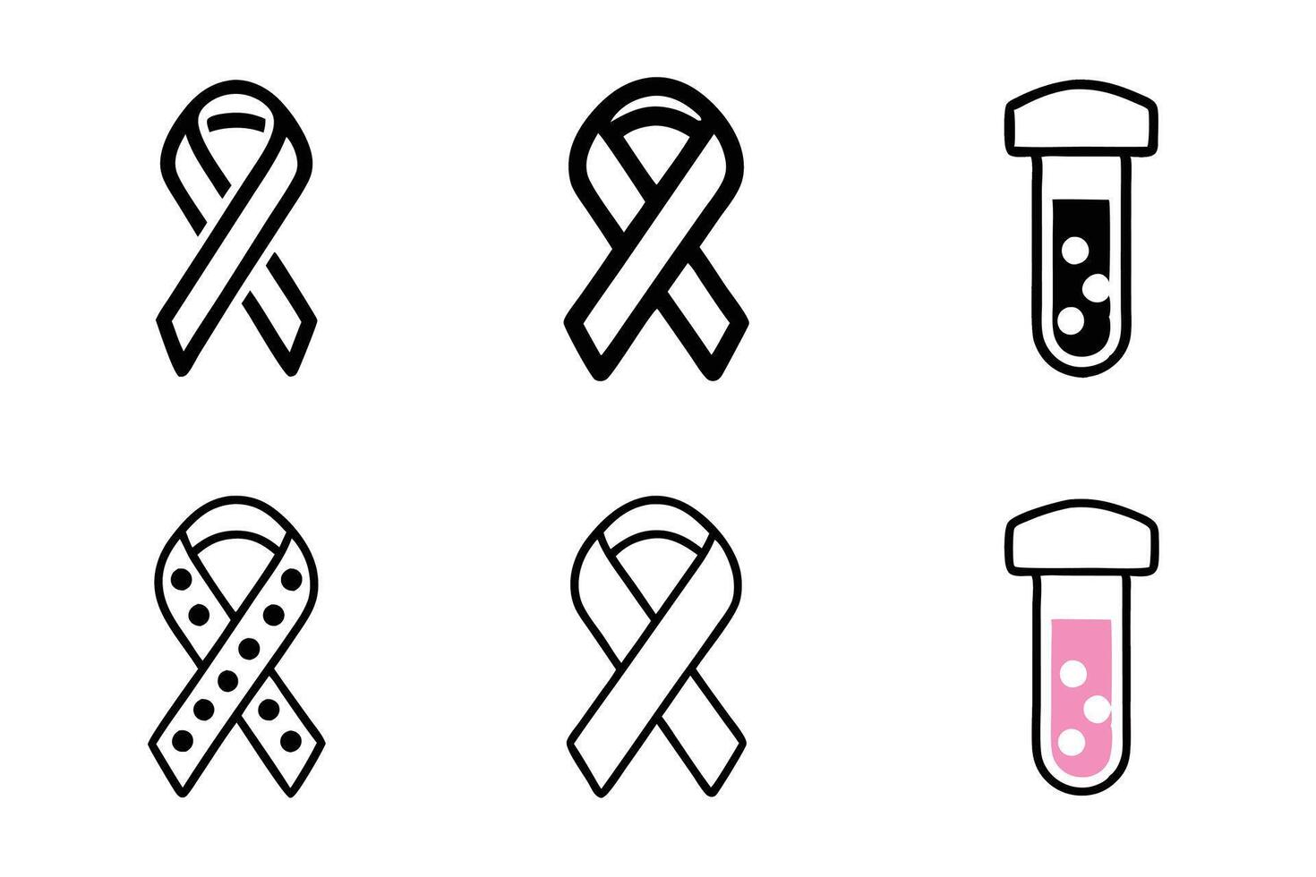 Illustrations of cancer prevention ribbons and lab test tubes in clean style for healthcare visuals, world cancer day line art icon set vector