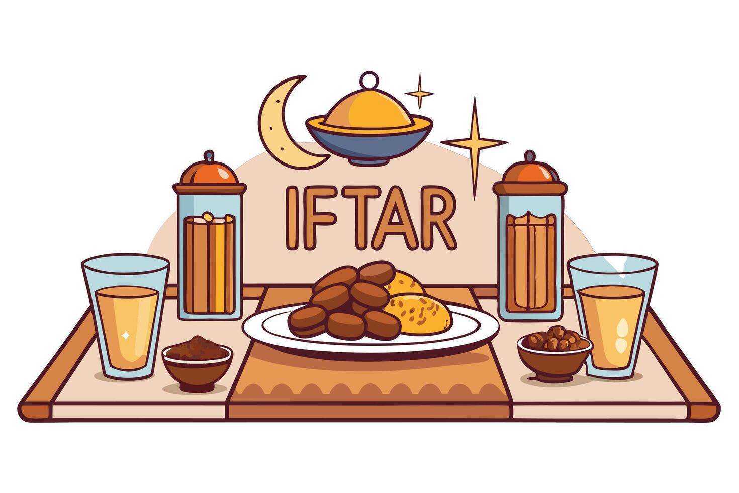 Ramadan Islamic Background depicting a colorful and inviting Iftar table setup for the holy month of fasting and community gatherings. vector