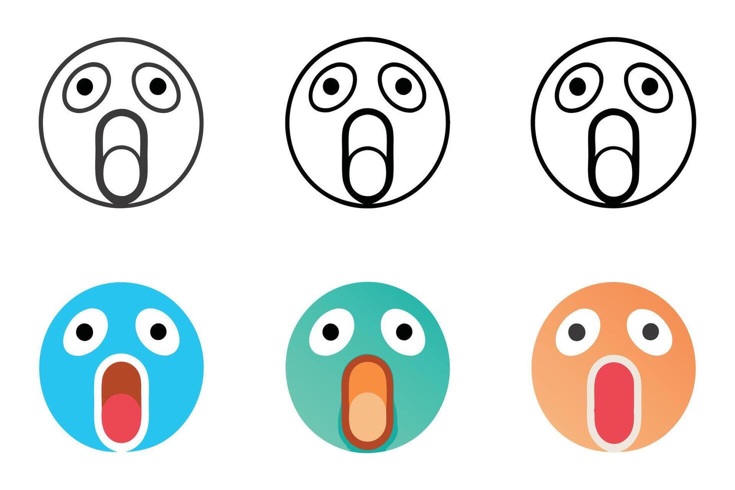 Shock and fear emoji pack showing distressed faces with diverse line art and color designs for digital communication, line art icon set vector