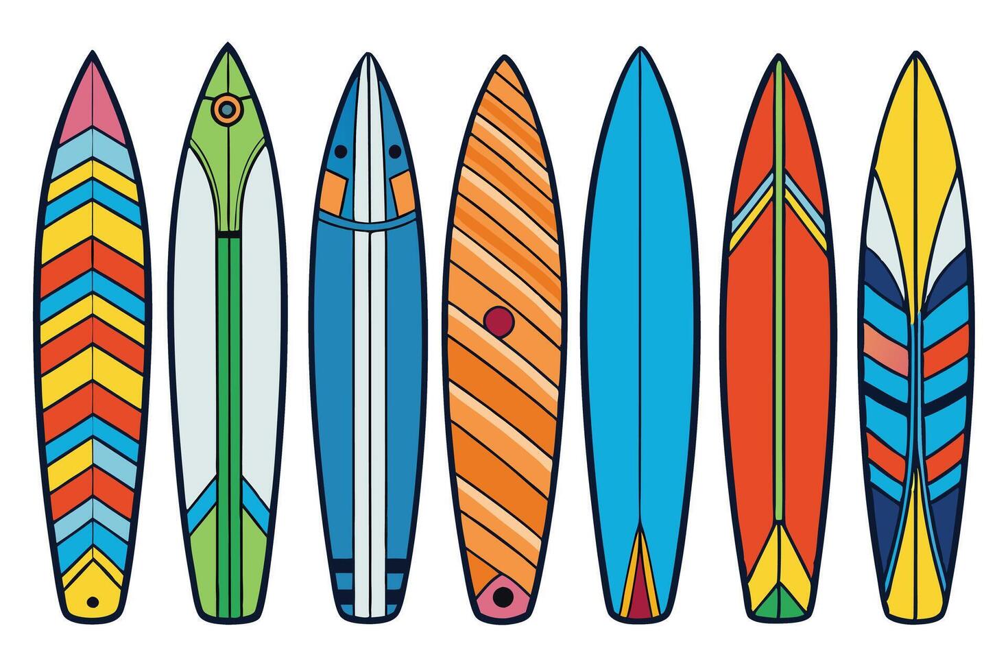 Collection of colorful surfboard designs featuring various patterns and shapes, perfect for beach and surf related creative projects vector
