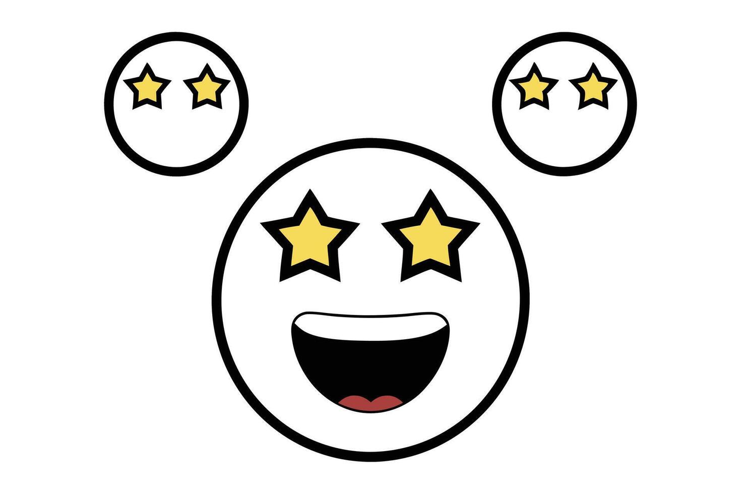Cute and playful starry eyed emoji face in simple outline style, depicting happiness and excitement, line art icon set vector