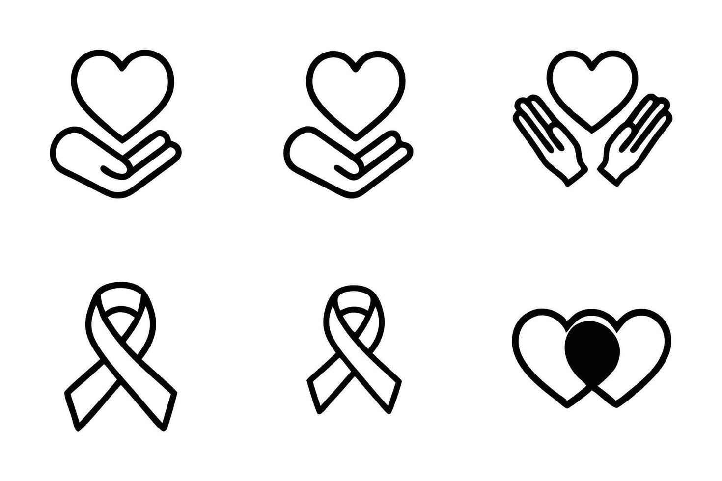 Hands holding a heart with ribbons as icons symbolizing compassion, care, and advocacy in a minimalistic line art style vector