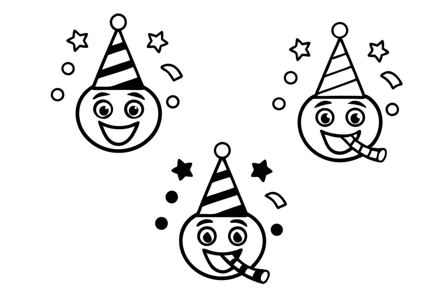 Happy emoji illustration celebrating with a party hat, blower, and joyful details, perfect for events and social media, line art vector