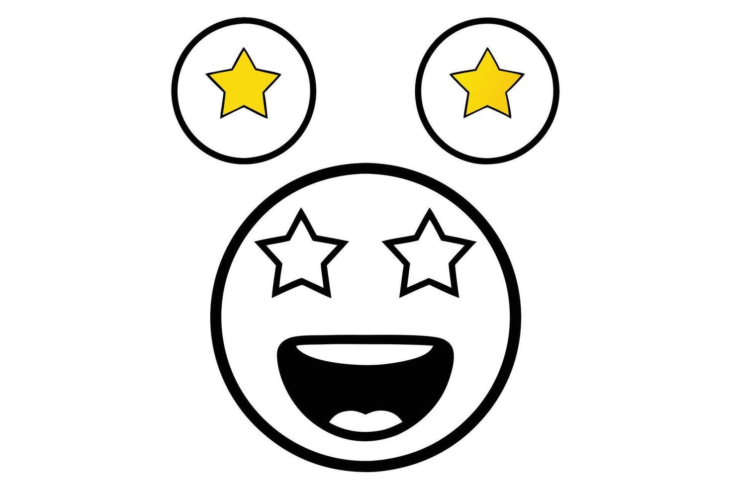 Starry eyed emoji illustration with excited expression featuring stars in eyes and smiling mouth, line art icon set vector