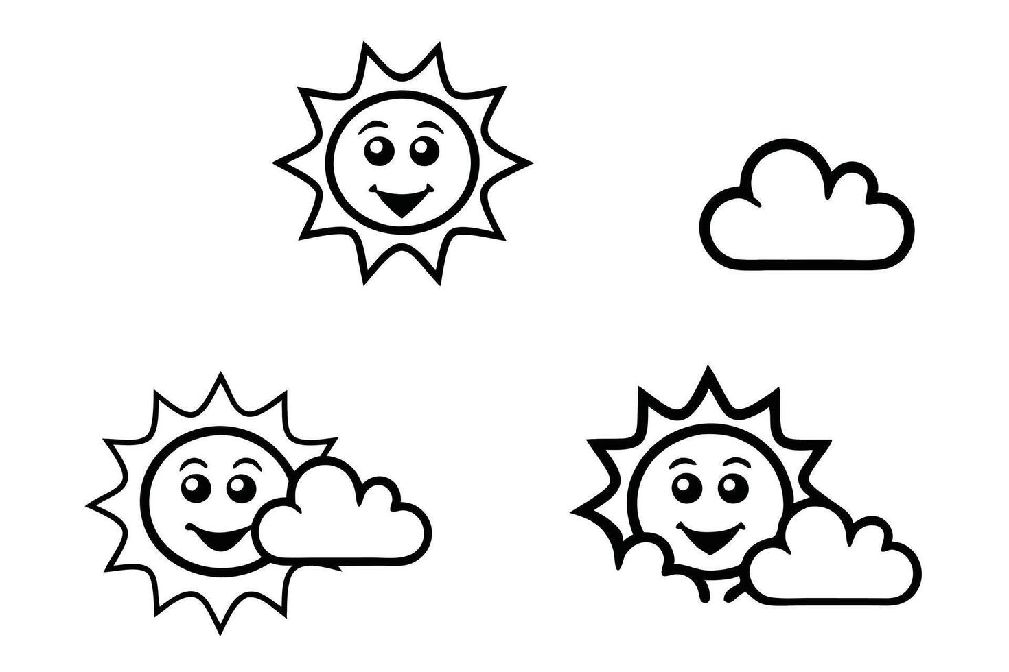 Cute happy sun and fluffy clouds in a playful cartoon design with line art style for weather or kids themed illustrations line art icon set vector