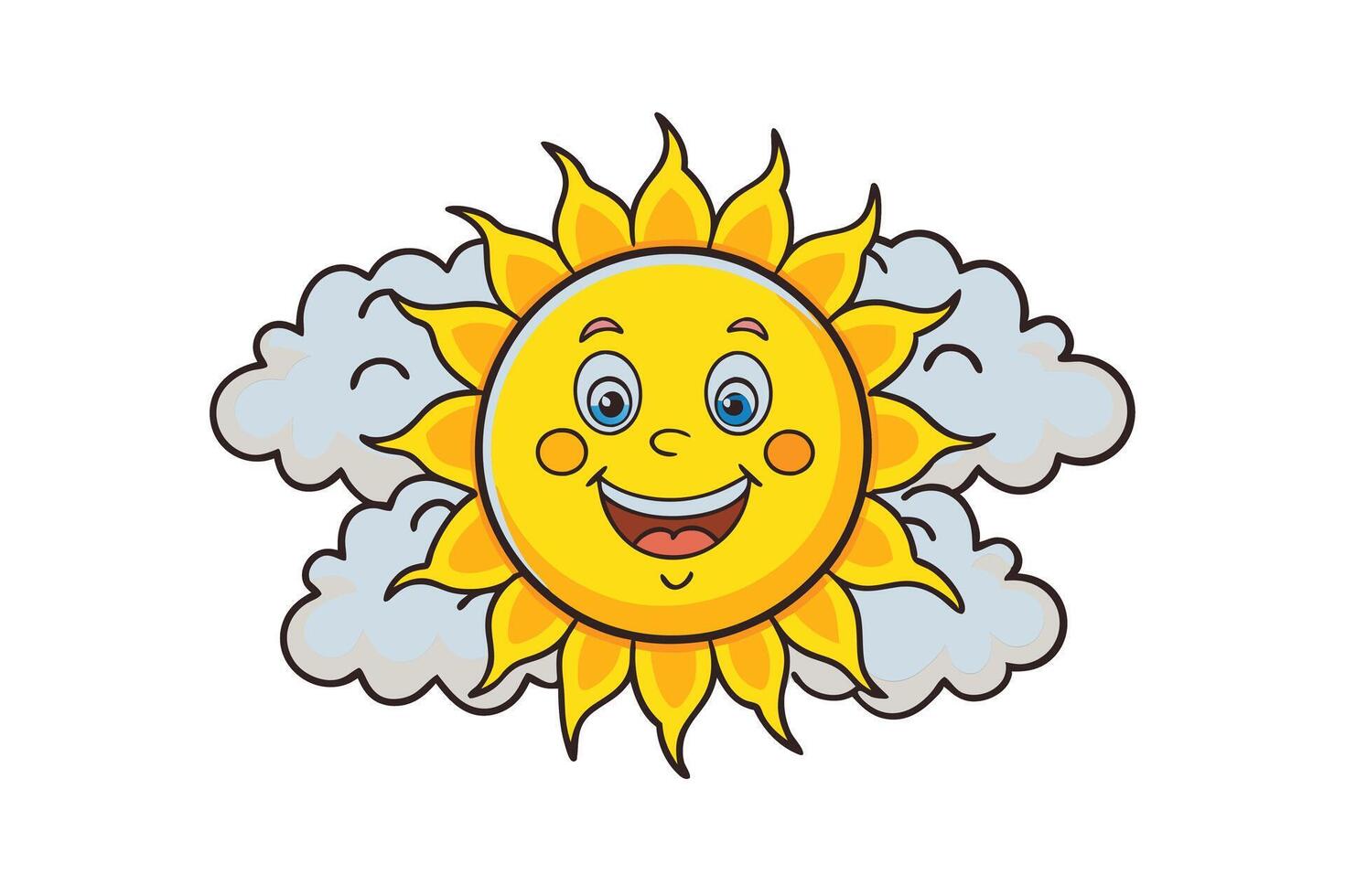 Adorable cartoon sun with a happy expression and vibrant yellow rays emerging from soft blue clouds, perfect for kids' illustrations vector