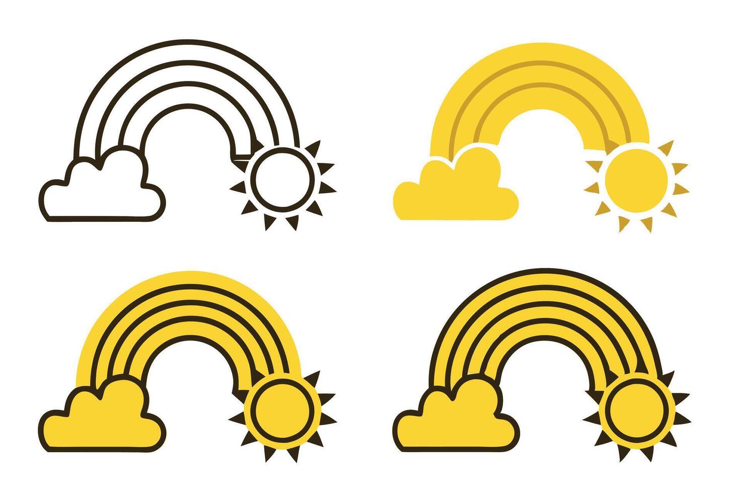 Line art icon set of rainbows, clouds, and sun showcasing elegant and minimalistic weather themed illustrations for decor and graphic design vector